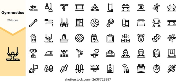 A collection of minimalist gymnastics icons, featuring various equipment, activities, and awards, showcasing the diverse elements of the sport.