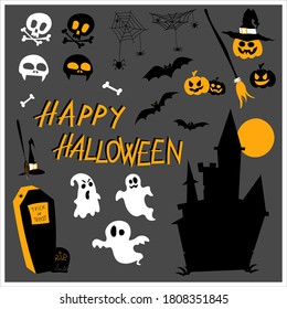Collection of minimalist Halloween elements. Funny skull,  jack lantern, witch hat