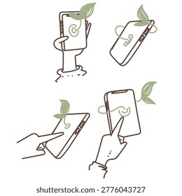 A collection of minimalist hand drawn doodle style illustrations featuring a smartphone device with a green sprout growing from the screen