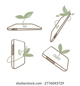 A collection of minimalist hand drawn doodle style illustrations featuring a smartphone device with a green sprout growing from the screen