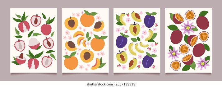 Collection of minimalist hand drawn fruits and flowers. Modern poster with lychee, apricot, plum, pitaya. Trendy abstract vector background templates set for cover, for interior decoration.
