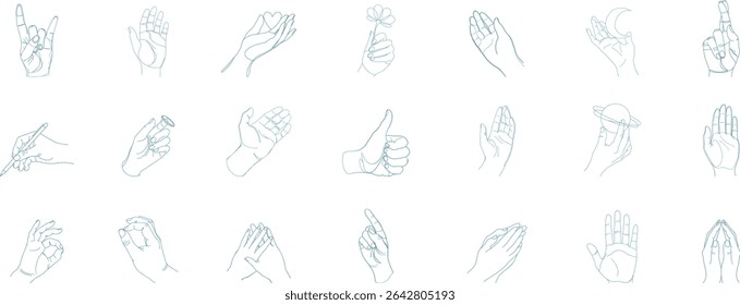 Collection of minimalist hand gesture line drawings showcasing various signs, symbols, and body language poses. Perfect for communication, design, and expressive illustration projects.