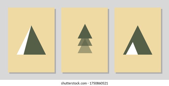Collection of minimalist hill forest trees and campsites. Minimal modern posters, forms of wall art, print art, and everything related to decoration