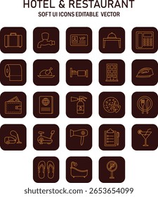 Collection of minimalist hotel and restaurant icons conveying modern services and facilities elegance featuring vector