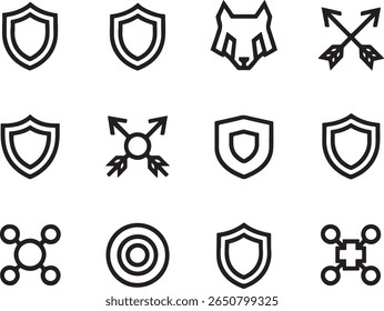 Collection of Minimalist Iconography Featuring Shields Arrows Geometric Shapes and an Animal Head Silhouette in Black and White Design