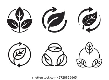 Collection of minimalist icons combining leaf motifs with recycling arrows to represent organic products and environmental sustainability.