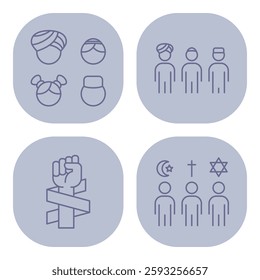 Collection of minimalist icons depicting different cultural and religious identities. Range of human figures and symbols related to diversity, unity, and faith concept
