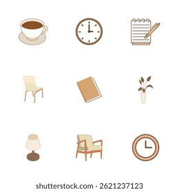 Collection of minimalist icons depicting everyday objects: coffee, clocks, notepad, chairs, book, plant, and lamp.
