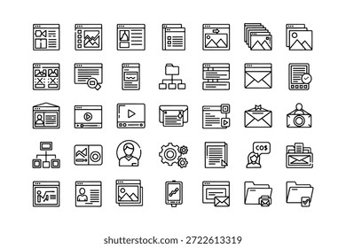 Colección de iconos minimalistas con ventanas de navegador, reproductores multimedia y estructuras de datos