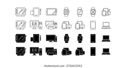 Colección de iconos minimalistas con tabletas, relojes inteligentes y configuraciones de computadora.