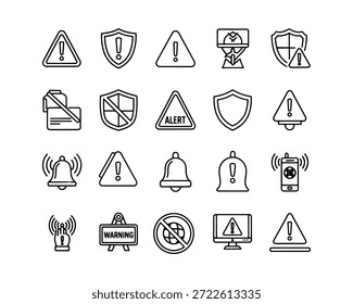 Colección de iconos minimalistas con triángulos de advertencia, escudos y alarmas.