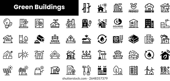 A collection of minimalist icons representing green buildings, eco-friendly designs, and sustainable energy solutions in a monochrome style.