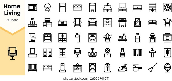 A collection of minimalist icons representing home living elements, including furniture, appliances, and decor essentials, in a sleek monochrome design.