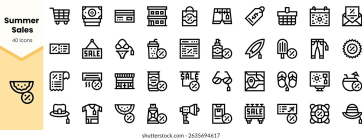A collection of minimalist icons representing summer sales, featuring items like clothing, beverages, and shopping carts, perfect for promotional material.