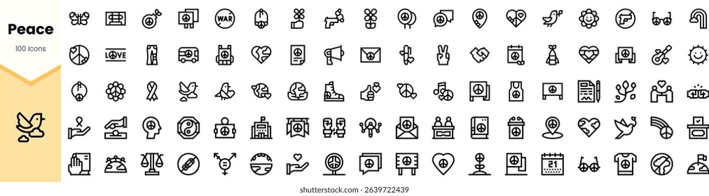 A collection of minimalist icons representing the theme of peace, including doves, hearts, scales, and symbols of cooperation.