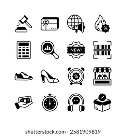 A collection of minimalist icons representing various aspects of e commerce and retail