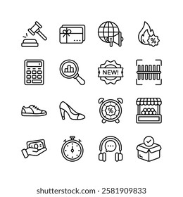 A collection of minimalist icons representing various aspects of e commerce and retail