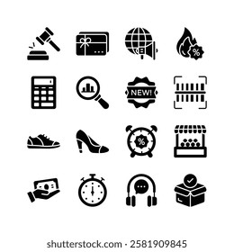 A collection of minimalist icons representing various aspects of e commerce and retail