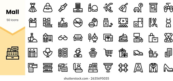 A collection of minimalist icons representing various mall elements, including fashion, shopping, and entertainment, showcasing a modern retail atmosphere.