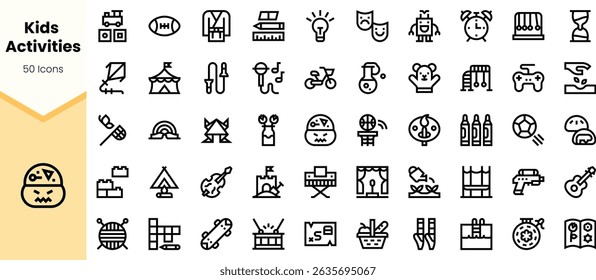 A collection of minimalist icons representing various children's activities, including sports, music, art, and games, suitable for educational materials.