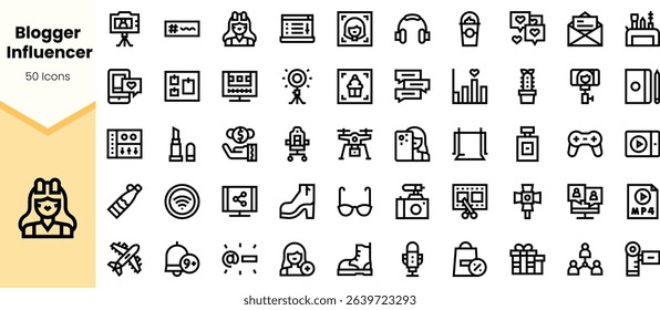 A collection of minimalist icons representing various aspects of blogging and social media influence, featuring tools for content creation and engagement.