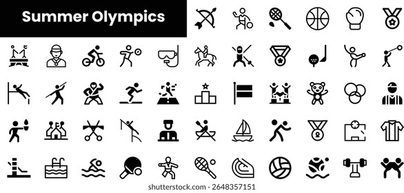 Uma coleção de ícones minimalistas representando vários esportes nos Jogos Olímpicos de Verão, apresentando símbolos para basquete, natação, atletismo e muito mais em um design elegante em preto e branco.