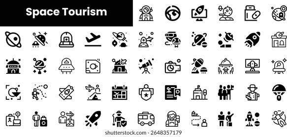 A collection of minimalist icons representing various aspects of space tourism, including rockets, astronauts, planets, and spacecraft, reflecting a futuristic aesthetic.
