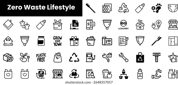 Una colección de íconos minimalistas que representan un estilo de vida de cero residuos, destacando las prácticas ecológicas y las opciones de vida sostenible en varias áreas.