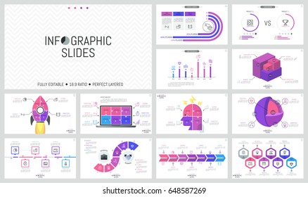 Collection of minimalist infographic design templates. Timelines, bar charts, comparison, cutaway and jigsaw puzzle diagrams. Vector illustration for presentation, brochure, report, website banner.