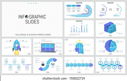 Collection of minimalist infographic design templates. Timelines, bar charts, comparison, cutaway and jigsaw puzzle diagrams. Vector illustration for presentation, brochure, report, website banner.