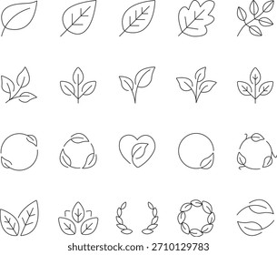 Una colección de iconos de hojas minimalistas con trazos editables, adecuados para varios proyectos de diseño que requieren Elementos naturales u orgánicos.