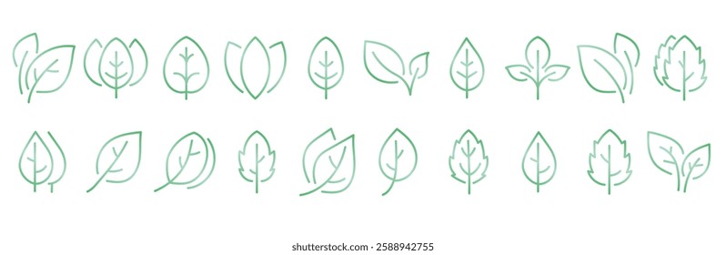 A collection of minimalist leaf icons in gradient outline style. Ideal for eco-friendly designs, botanical branding, and modern nature illustrations.