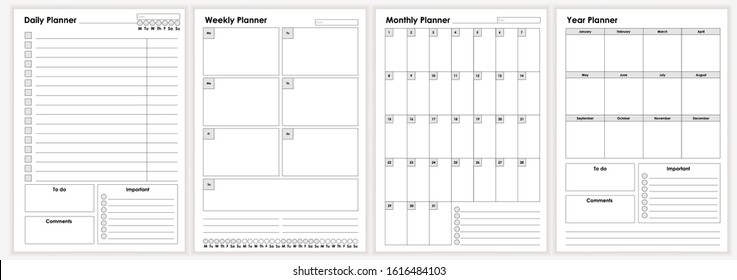 Collection of minimalist life and business planner sheets vector graphic illustration. Daily, weekly, monthly, year planners template. Empty blank notebook page isolated on white