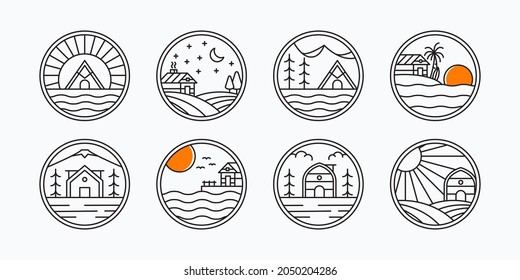 Collection of minimalist line art cabin logo vector illustration design. Bundle of simple modern cottage badge concept