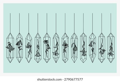 Collection of minimalist line art dangling flowers inside vertical crystal pendants for luxury jewelry branding and elegant nature design projects illustration.