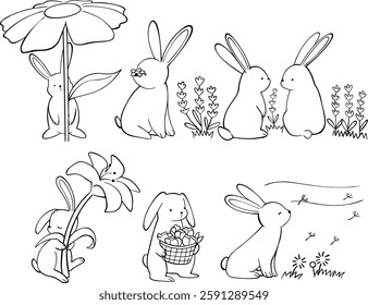 A collection of minimalist line art featuring rabbits interacting with flowers, capturing the essence of springtime beauty and nature's harmony