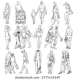 collection of minimalist line art figures representing diverse people enjoying a day at the beach, capturing moments of relaxation, family time, and seaside casual style.
