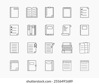 A collection of minimalist line art icons includes books, notebooks, binders, clipboards, checklists, documents, and paper sheets, all drawn in a clean and modern outline style