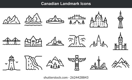 Collection d'icônes d'art en ligne minimalistes représentant des points d'intérêt et des attractions touristiques emblématiques du canada