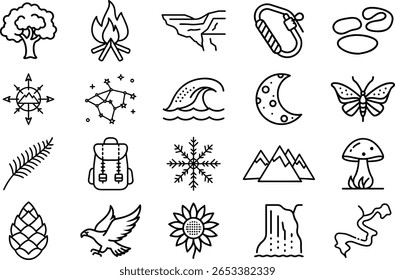 Uma coleção de ícones minimalistas da arte em linha representando vários aspectos da natureza e atividades ao ar livre. Perfeito para uso em design de site, materiais impressos e outros projetos criativos relacionados ao acampamento