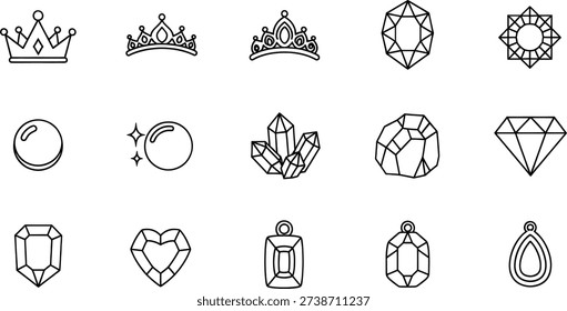 A collection of minimalist line art icons featuring elegant crowns, sparkling pearls, and diverse cut and raw gemstones, perfect for jewelry-themed graphics and design.