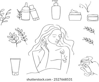 Uma coleção de ilustrações de arte em linha minimalista com uma mulher aplicando produtos de cuidados com a pele, juntamente com recipientes de beleza, folhas naturais e formas fluidas, representando autocuidado e bem-estar."