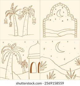 A collection of minimalist line art illustrations inspired by Ramadan, featuring mosques, crescents, lanterns, and serene landscapes, ideal for spiritual and cultural designs.