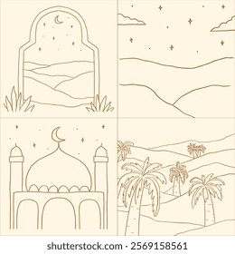 A collection of minimalist line art illustrations inspired by Ramadan, featuring mosques, crescents, lanterns, and serene landscapes, ideal for spiritual and cultural designs.