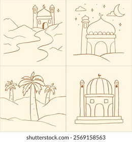 A collection of minimalist line art illustrations inspired by Ramadan, featuring mosques, crescents, lanterns, and serene landscapes, ideal for spiritual and cultural designs.