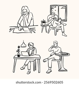 A collection of minimalist line art illustrations depicting serene and cozy cafe scenes with relaxed individuals enjoying coffee, working, and engaging in activities