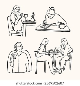 A collection of minimalist line art illustrations depicting serene and cozy cafe scenes with relaxed individuals enjoying coffee, working, and engaging in activities