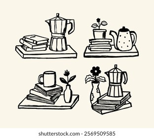 A collection of minimalist line art illustrations showcasing cozy and serene cafe decor, featuring coffee setups, plants, and books, ideal for artistic and aesthetic interior designs.