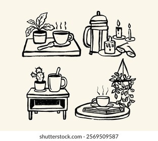 A collection of minimalist line art illustrations showcasing cozy and serene cafe decor, featuring coffee setups, plants, and books, ideal for artistic and aesthetic interior designs.