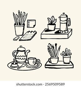 A collection of minimalist line art illustrations showcasing cozy and serene cafe decor, featuring coffee setups, plants, and books, ideal for artistic and aesthetic interior designs.